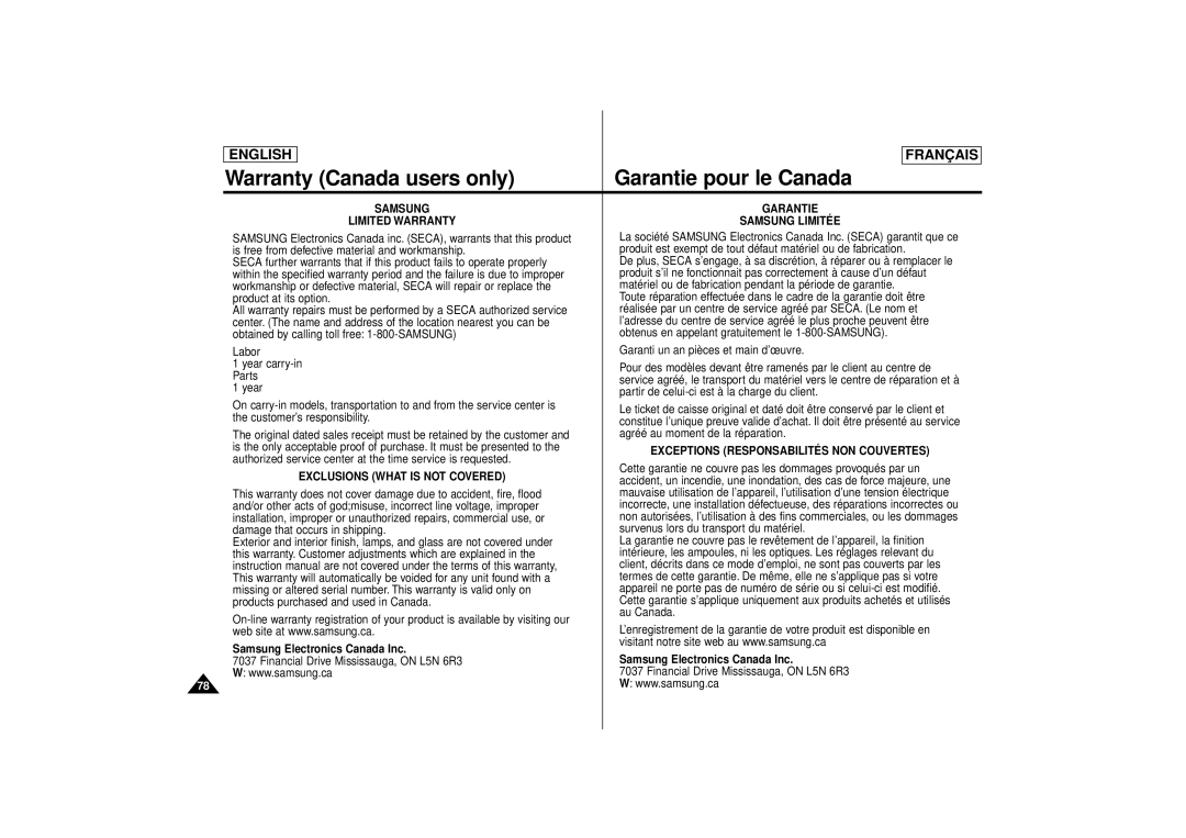 Samsung SCD71 manual Warranty Canada users only Garantie pour le Canada, Samsung Garantie Limited Warranty Samsung Limitée 