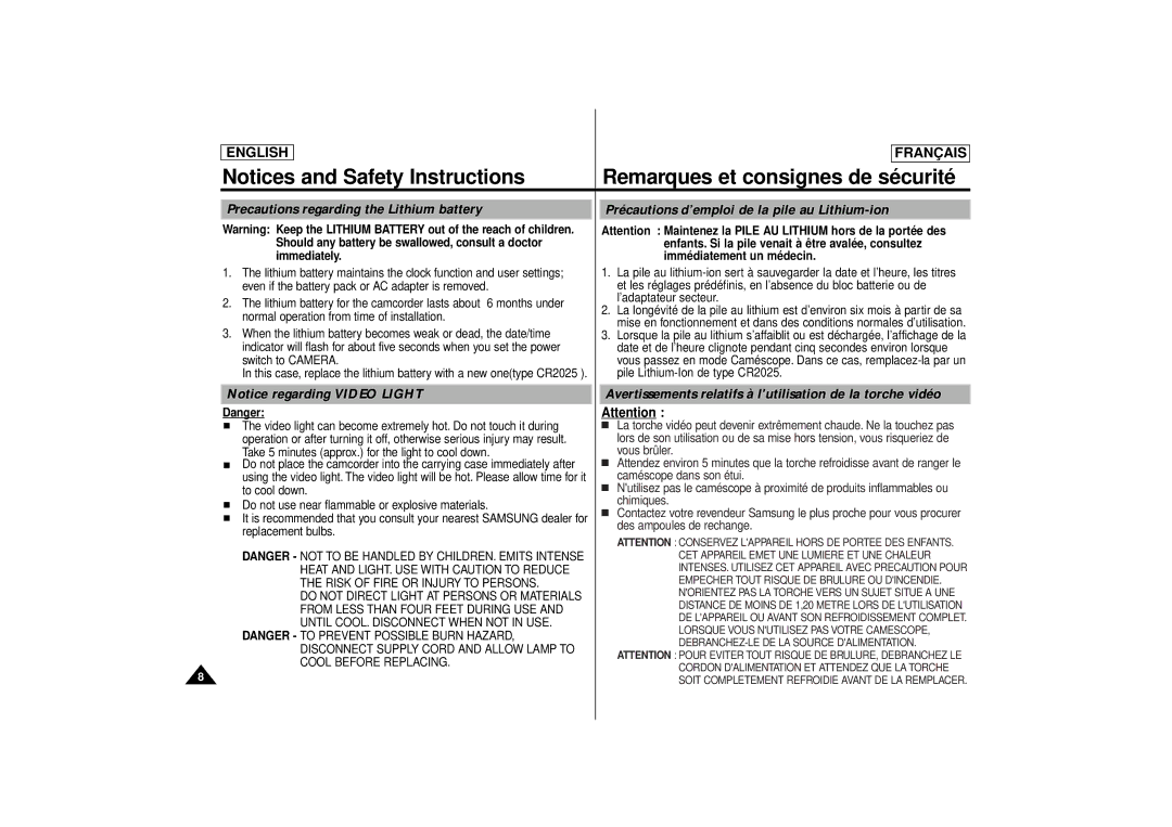 Samsung SCD71 manual Avertissements relatifs à lutilisation de la torche vidéo 