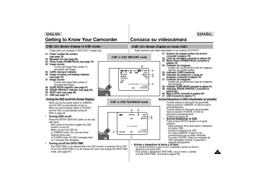 Samsung SCD 73, SCD77, SCD75 manual Turning OSD on/off, Activar/Desactivar el OSD, Turning on/off the DATE/TIME 