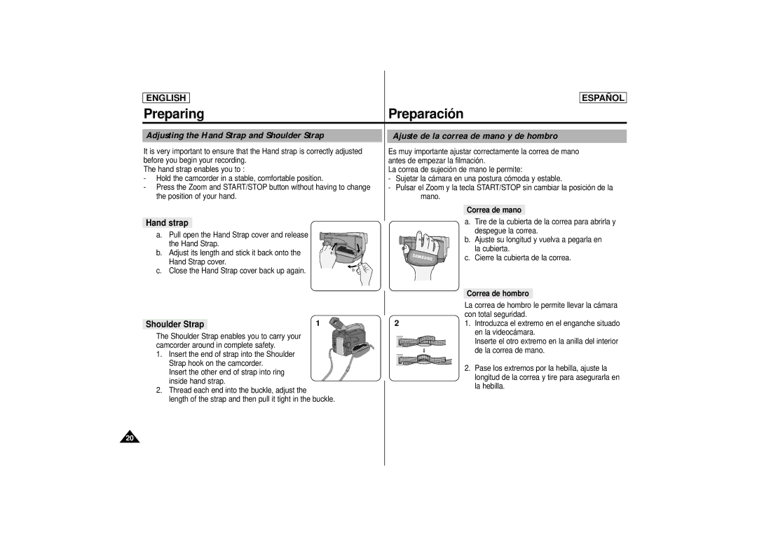 Samsung SCD 73, SCD77, SCD75 manual Preparing, Hand strap, Shoulder Strap, Correa de mano, Correa de hombro 