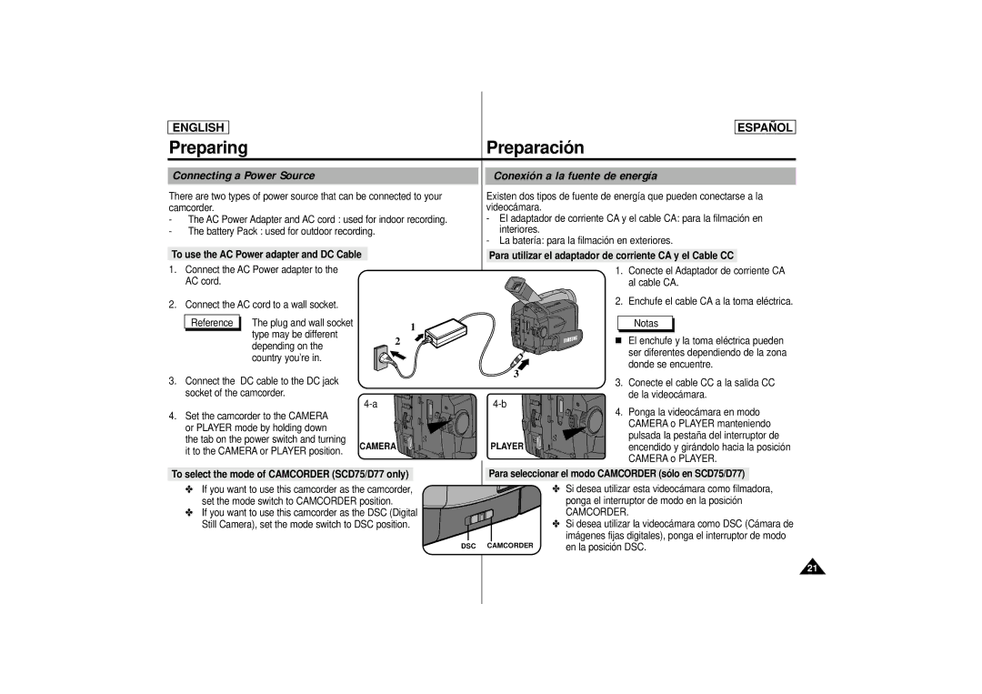 Samsung SCD77, SCD75, SCD 73 manual Connecting a Power Source Conexión a la fuente de energía, Camcorder 