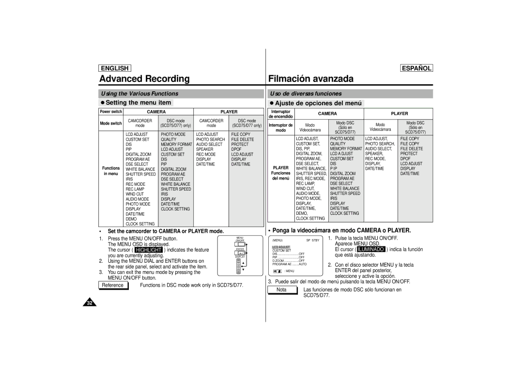 Samsung SCD 73, SCD77, SCD75 manual Advanced Recording, Using the Various Functions Uso de diversas funciones 