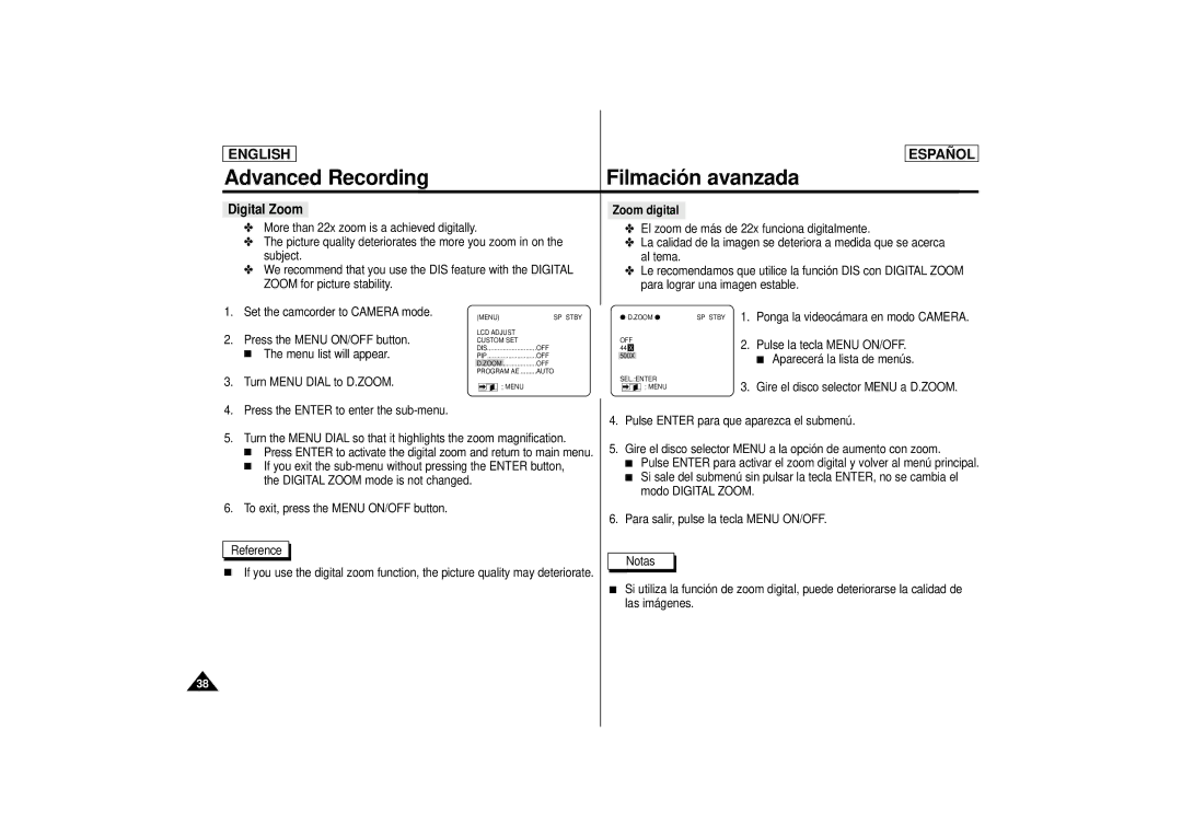 Samsung SCD 73, SCD77, SCD75 manual Advanced Recording Filmació n avanzada, Digital Zoom 