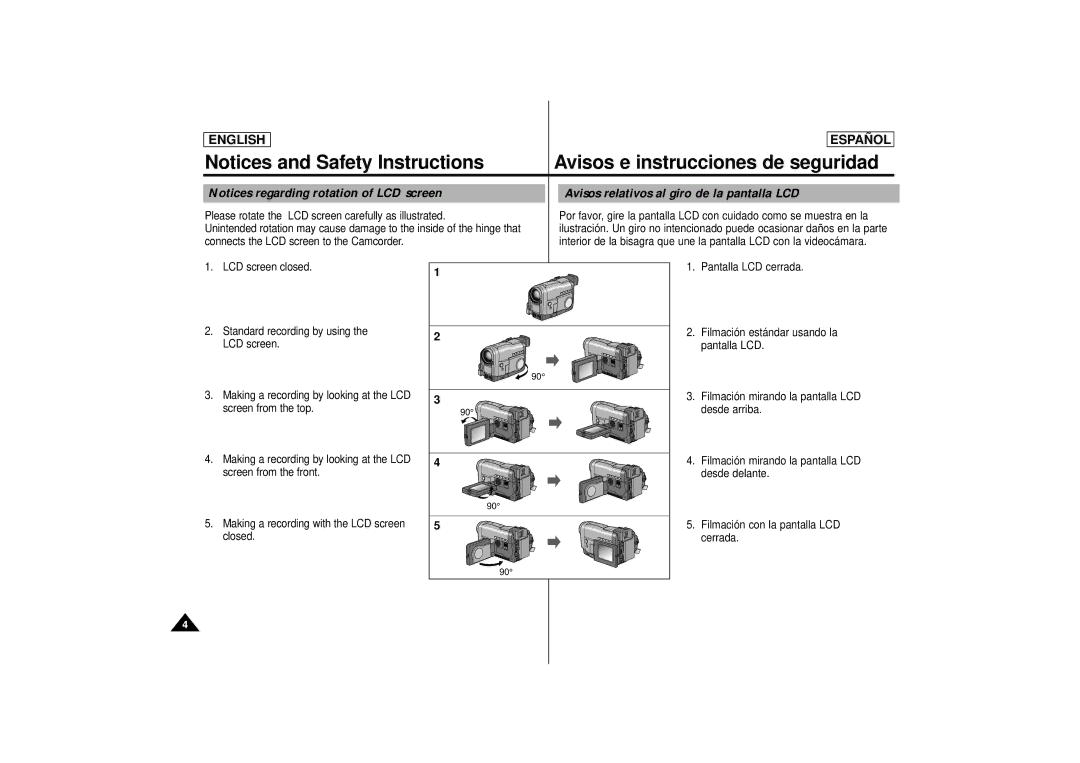 Samsung SCD75, SCD77, SCD 73 manual Avisos e instrucciones de seguridad, Avisos relativos al giro de la pantalla LCD 