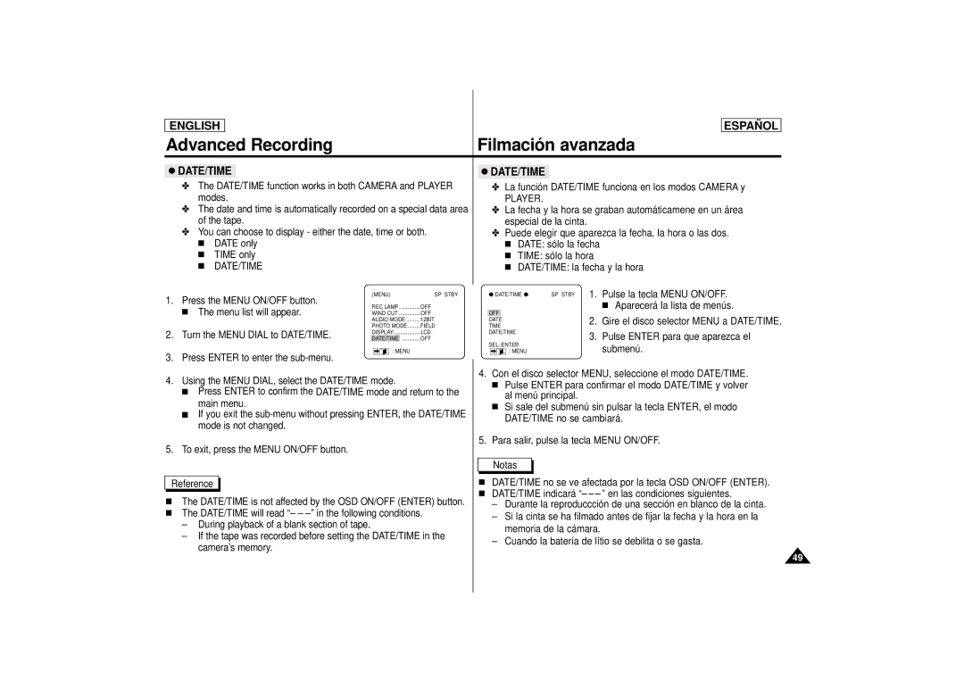 Samsung SCD75, SCD77, SCD 73 manual Date/Time 