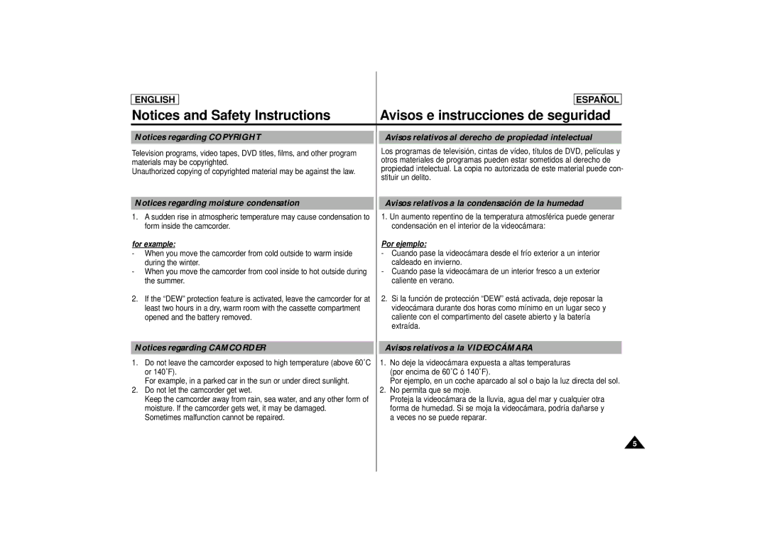 Samsung SCD 73 Avisos relativos al derecho de propiedad intelectual, Avisos relativos a la condensación de la humedad 