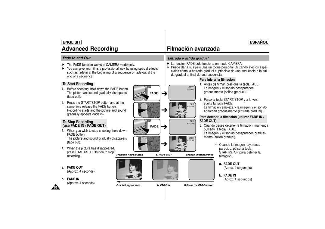 Samsung SCD 73 Fade In and Out Entrada y salida gradual, To Start Recording, To Stop Recording, Use Fade in / Fade OUT 