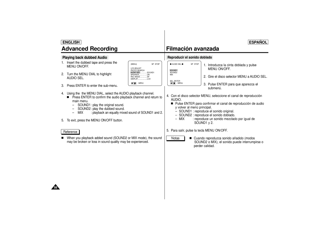 Samsung SCD75, SCD77, SCD 73 manual Playing back dubbed Audio, Menu ON/OFF, Audio SEL, Mix 