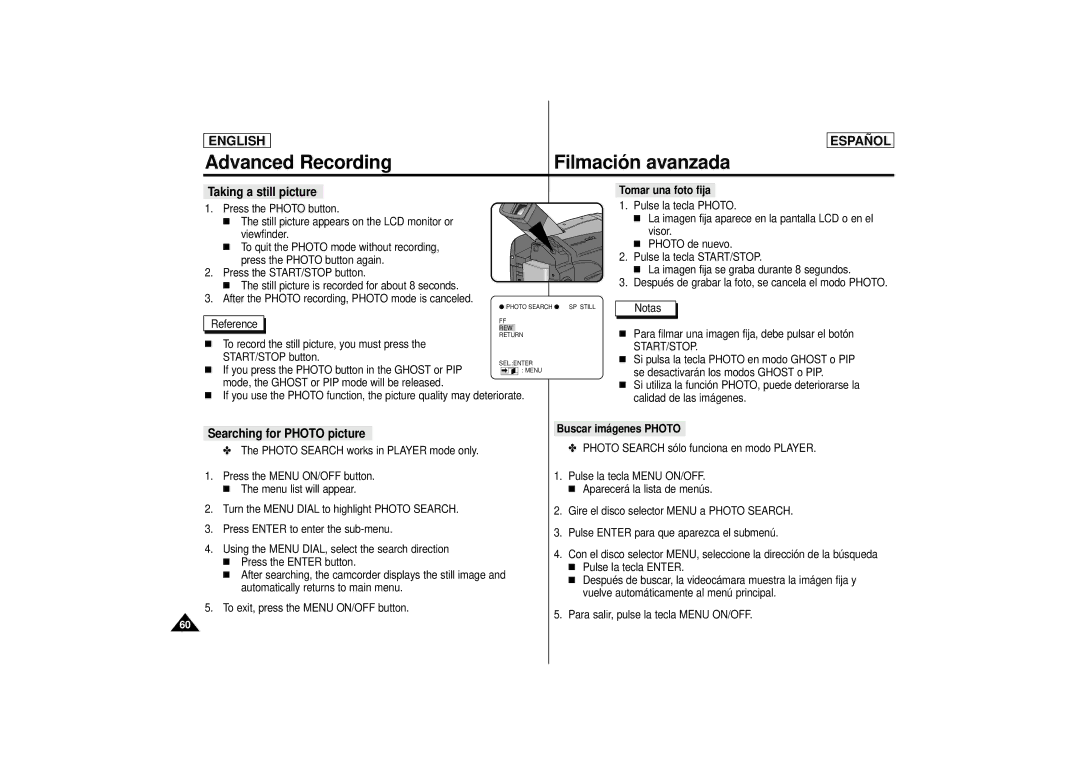 Samsung SCD77, SCD75 manual Taking a still picture, Searching for Photo picture, Tomar una foto fija, Buscar imá genes Photo 