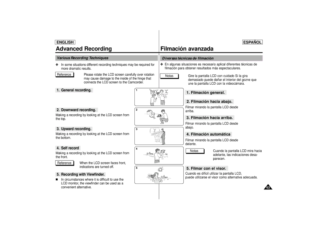 Samsung SCD77, SCD75 Various Recording Techniques Diversas técnicas de filmación, General recording Downward recording 