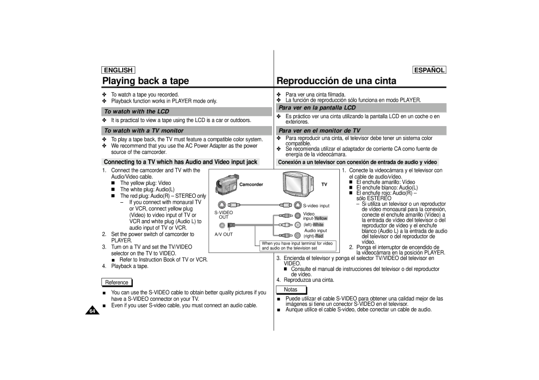 Samsung SCD75 Playing back a tape Reproducción de una cinta, To watch with the LCD Para ver en la pantalla LCD, Video 