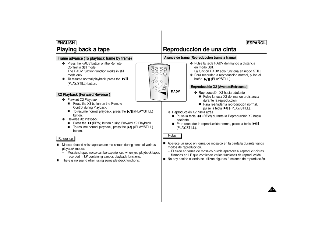 Samsung SCD75, SCD77, SCD 73 manual X2 Playback Forward/Reverse, Frame advance To playback frame by frame, Adv 