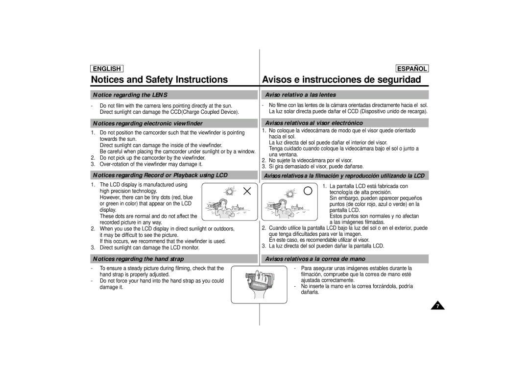 Samsung SCD75 Aviso relativo a las lentes, Avisos relativos al visor electrónico, Avisos relativos a la correa de mano 