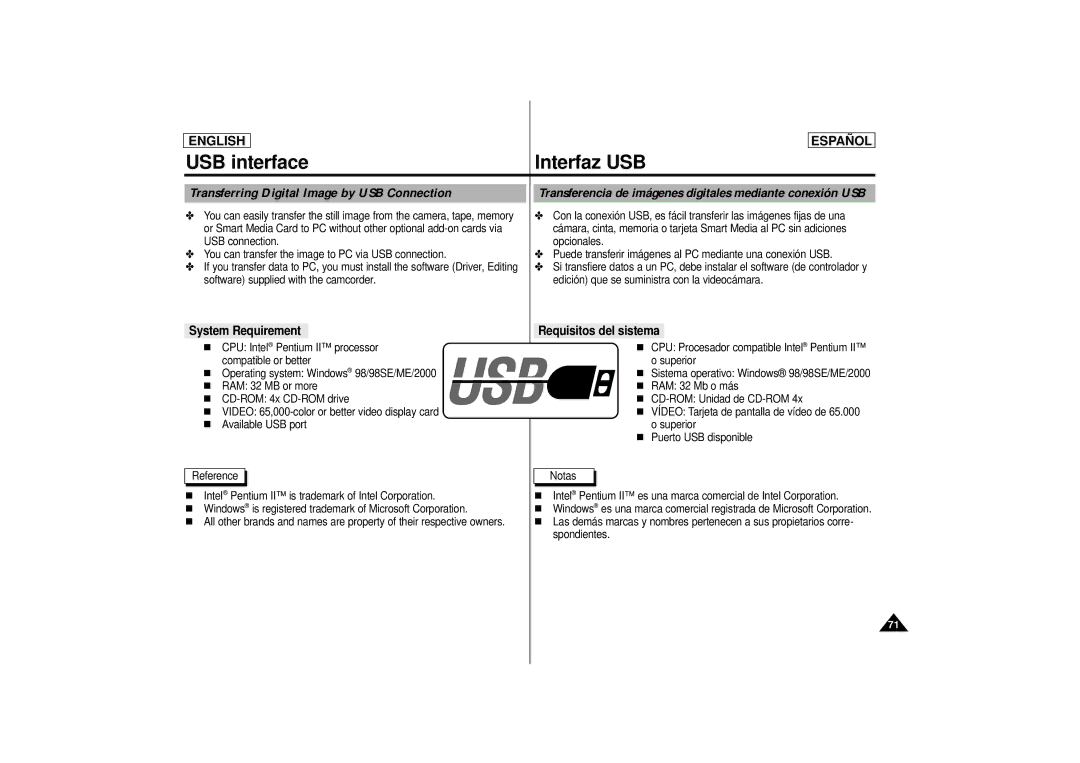 Samsung SCD 73, SCD77, SCD75 manual USB interface Interfaz USB, Transferring Digital Image by USB Connection 