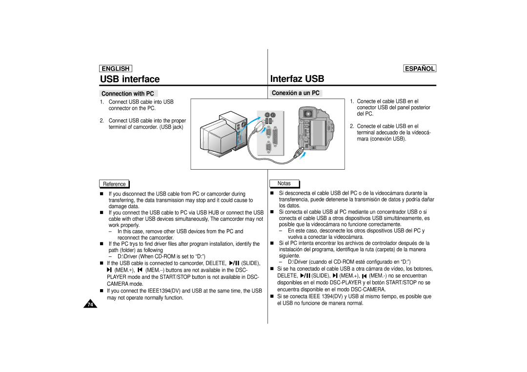 Samsung SCD 73, SCD77, SCD75 manual Connection with PC Conexión a un PC, Dsc, Delete Slide 