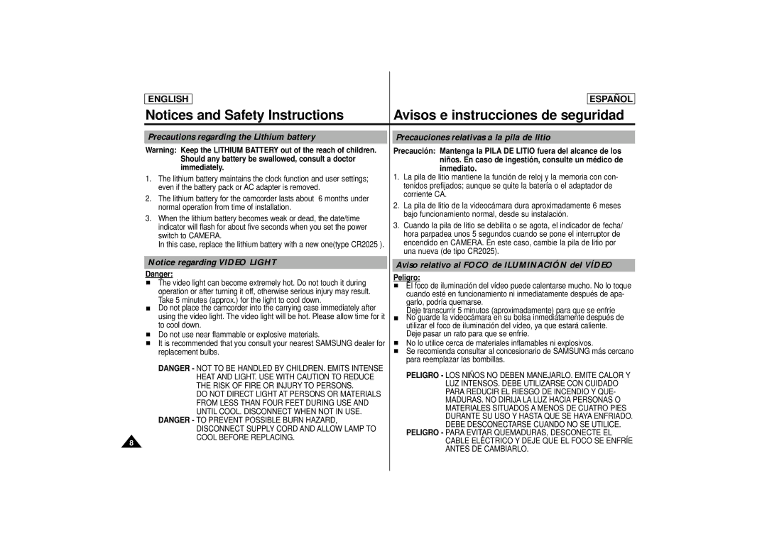 Samsung SCD 73 Aviso relativo al Foco de Iluminación del Vídeo, Should any battery be swallowed, consult a doctor, Peligro 