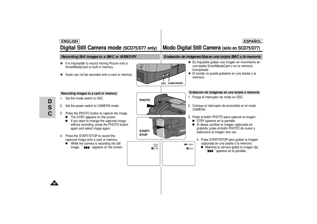 Samsung SCD 73, SCD77, SCD75 manual Recording images to a card or memory, Start 