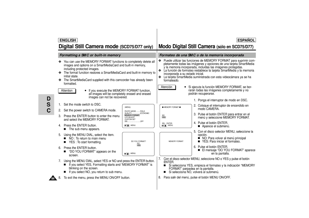 Samsung SCD 73, SCD77, SCD75 manual Set the power switch to Camera mode Modo Camera 