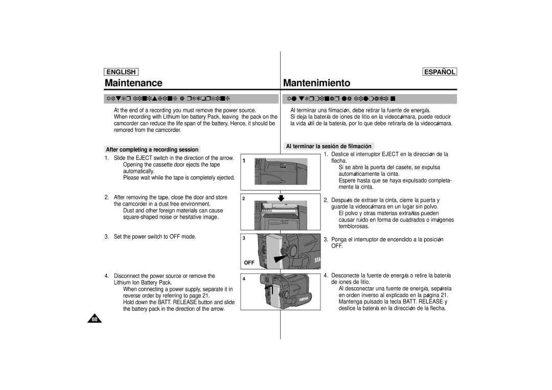 Samsung SCD75, SCD77, SCD 73 manual Maintenance Mantenimiento, After finishing a recording Al terminar la filmación, Off 