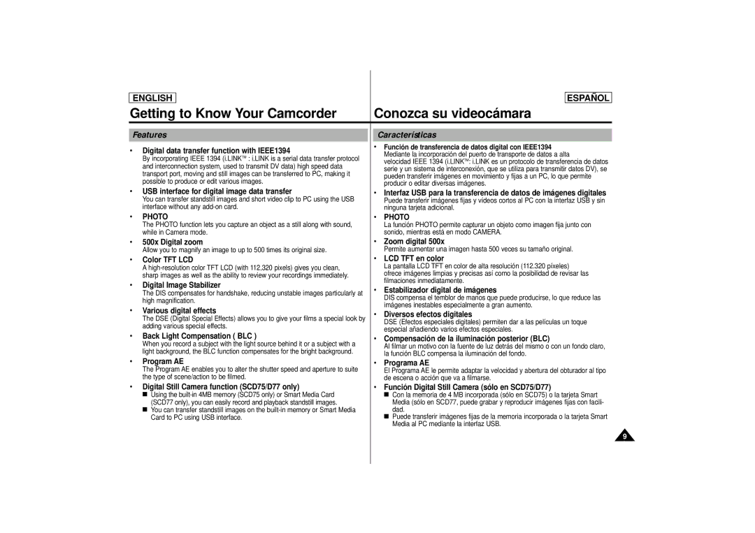 Samsung SCD77, SCD75, SCD 73 manual Getting to Know Your Camcorder Conozca su videocá mara, Features Características, Photo 