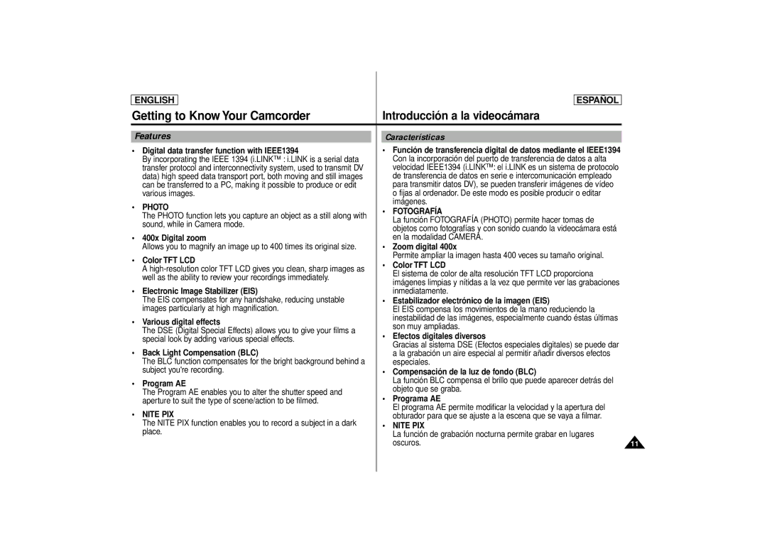 Samsung SCD80 manual Getting to Know Your Camcorder, Features Características, Photo, Fotografía, Nite PIX 