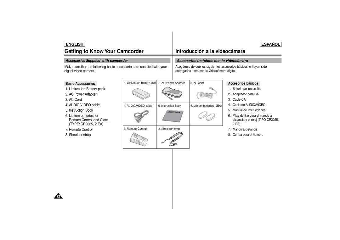 Samsung SCD80 manual Accesorios incluidos con la videocámara, Accessories Supplied with camcorder, Digital video camera 