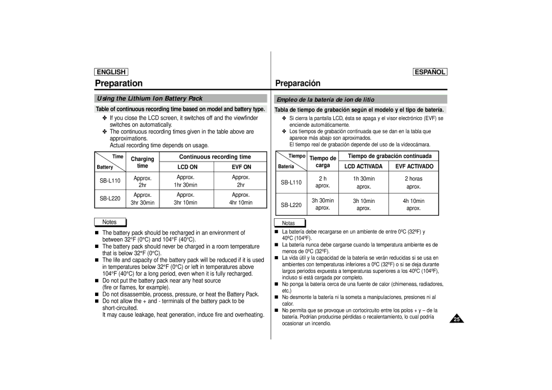 Samsung SCD80 manual Continuous recording time, LCD on EVF on 