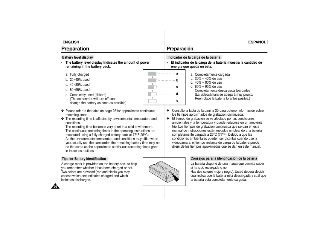 Samsung SCD80 manual Tips for Battery Identification, Consejos para la identificación de la batería 