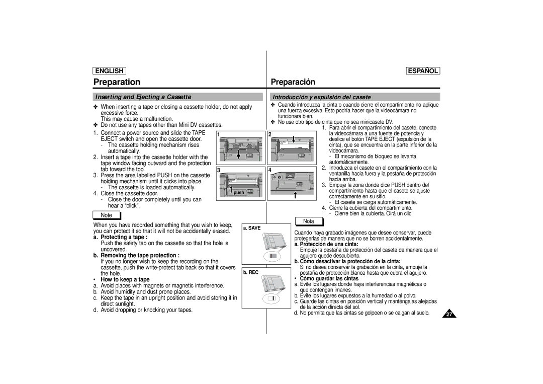 Samsung SCD80 manual Protecting a tape, Protección de una cinta, Removing the tape protection 