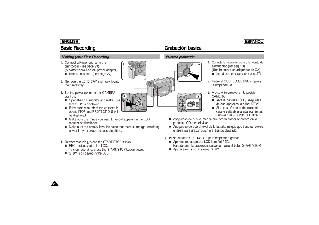 Samsung SCD80 manual Basic Recording Grabación básica, Making your First Recording Primera grabación 