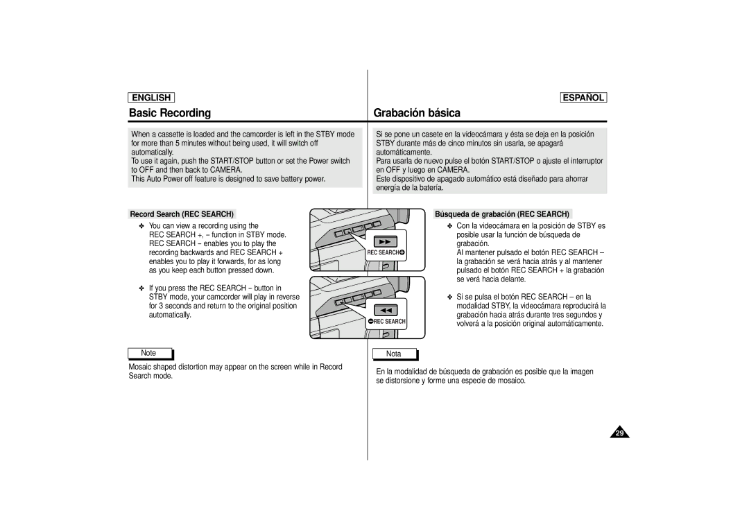 Samsung SCD80 manual Record Search REC Search Búsqueda de grabación REC Search 