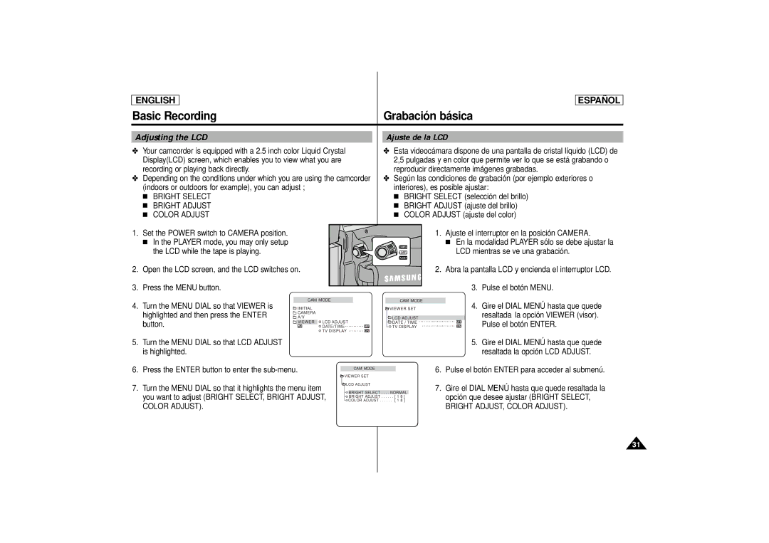 Samsung SCD80 manual Adjusting the LCD Ajuste de la LCD, Bright Select, Bright Adjust, Bright ADJUST, Color Adjust 