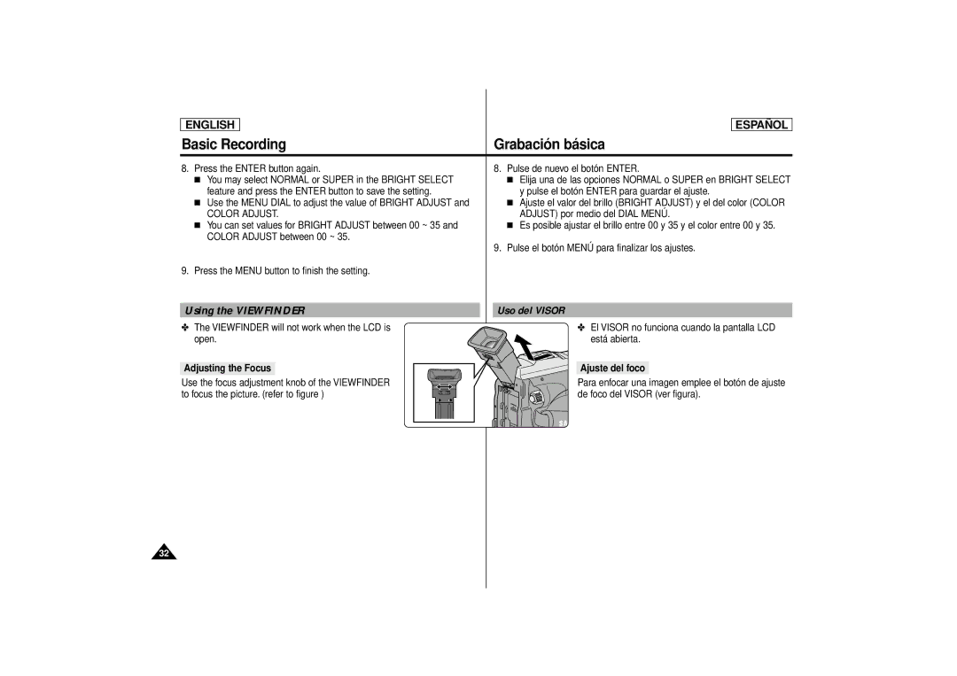 Samsung SCD80 manual Using the Viewfinder Uso del Visor, Adjusting the Focus Ajuste del foco 