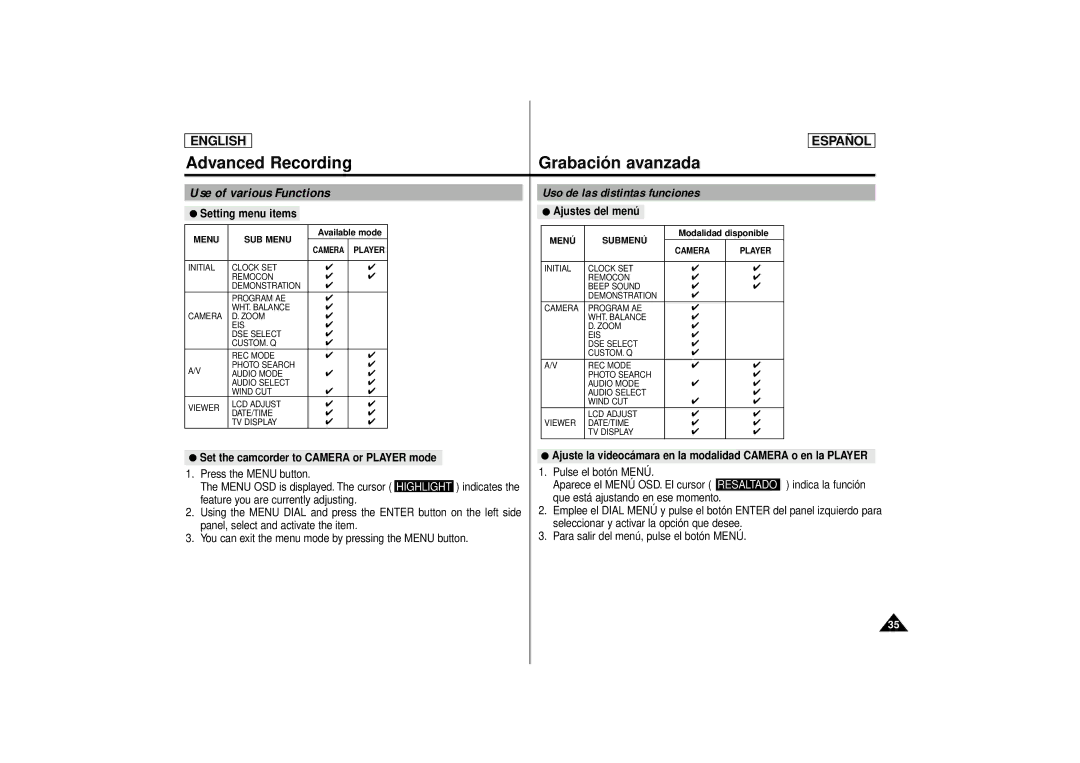 Samsung SCD80 manual Advanced Recording Grabación avanzada, Use of various Functions 