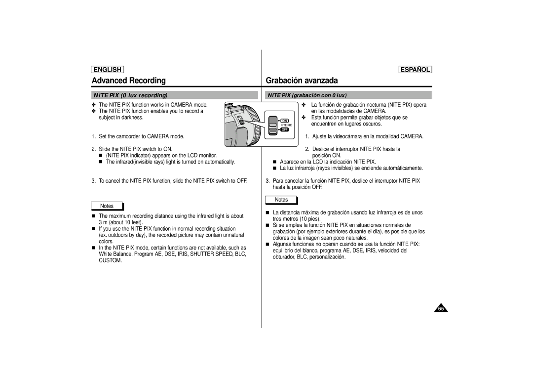 Samsung SCD80 manual Nite PIX 0 lux recording Nite PIX grabación con 0 lux, Custom 