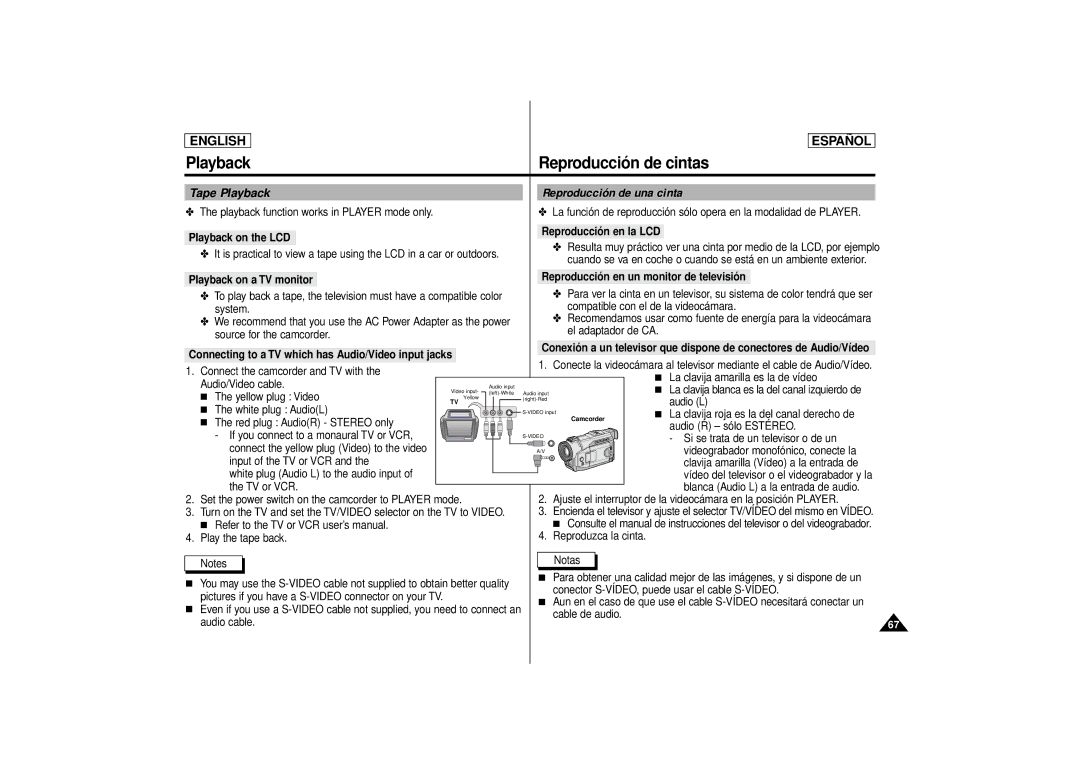 Samsung SCD80 manual Tape Playback Reproducción de una cinta, Playback on the LCD Reproducción en la LCD 