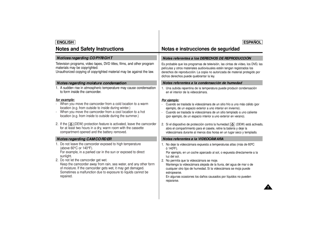 Samsung SCD80 manual Notas referentes a la condensación de humedad, Notas referentes a la Videocámara 