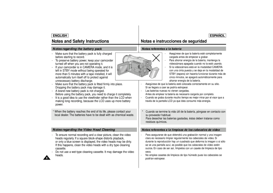 Samsung SCD80 manual Notas referentes a la batería, Notas referentes a la limpieza de los cabezales de vídeo 