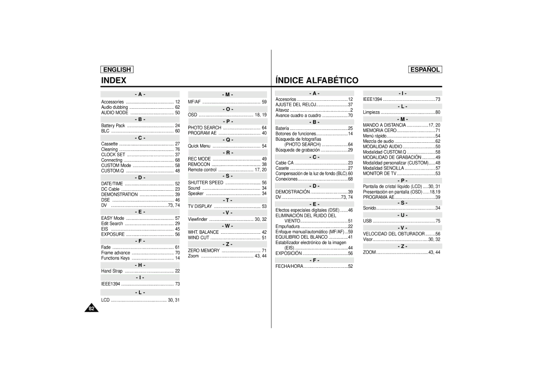 Samsung SCD80 manual Index Índice Alfabético 