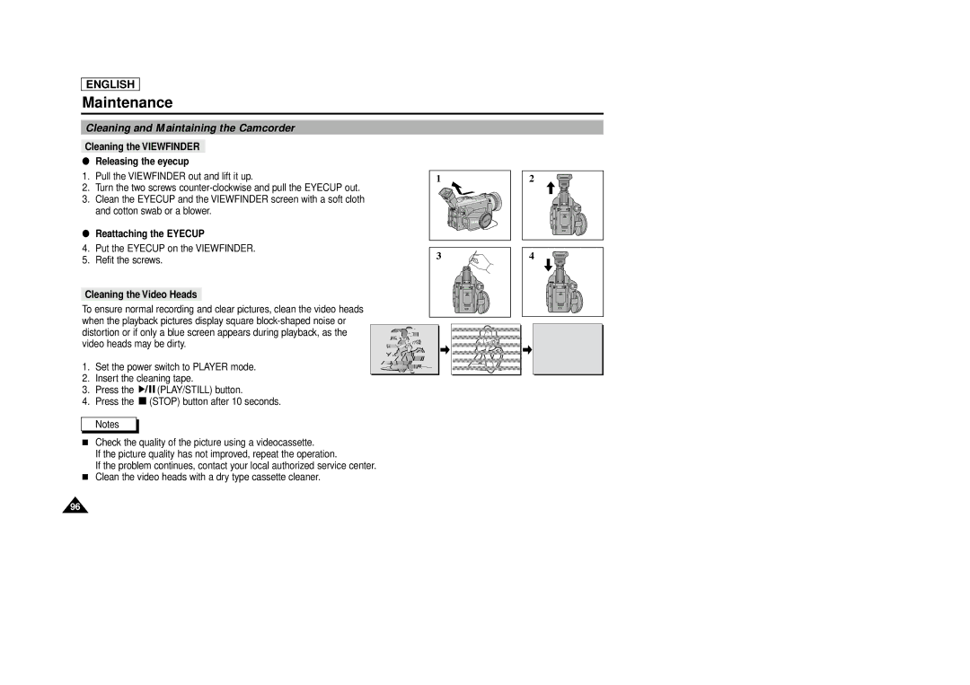 Samsung SCD86/D87 manual Cleaning and Maintaining the Camcorder, Cleaning the Viewfinder Releasing the eyecup 