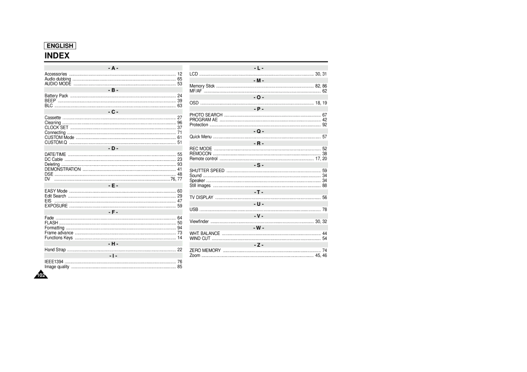 Samsung SCD86/D87 manual Index 