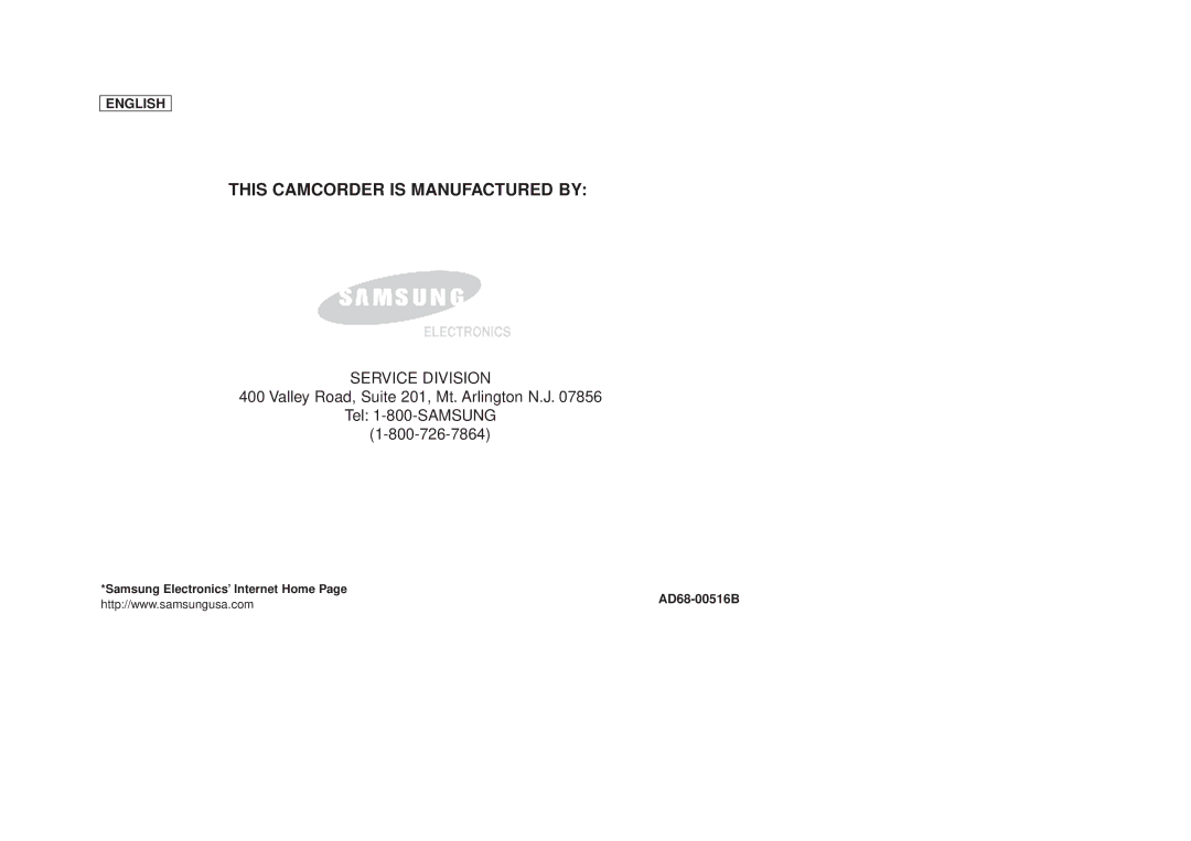 Samsung SCD86/D87 manual This Camcorder is Manufactured by, Samsung Electronics’ Internet Home AD68-00516B 