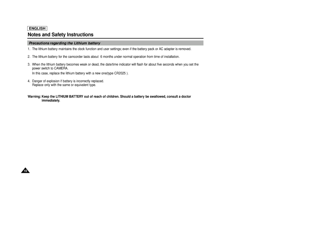 Samsung SCD86/D87 manual Precautions regarding the Lithium battery 