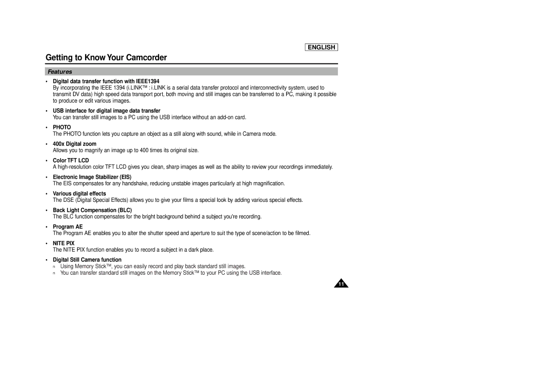 Samsung SCD86/D87 manual Features, Photo, Nite PIX 