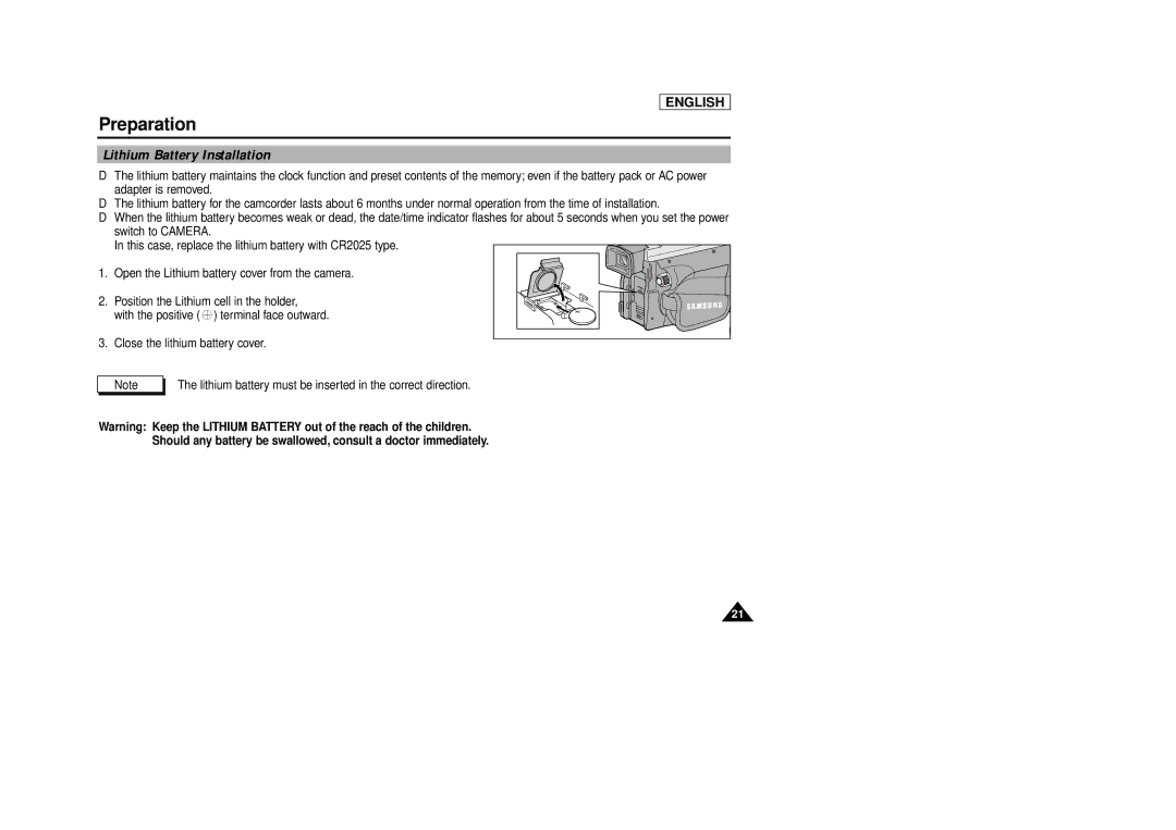 Samsung SCD86/D87 manual Lithium Battery Installation 