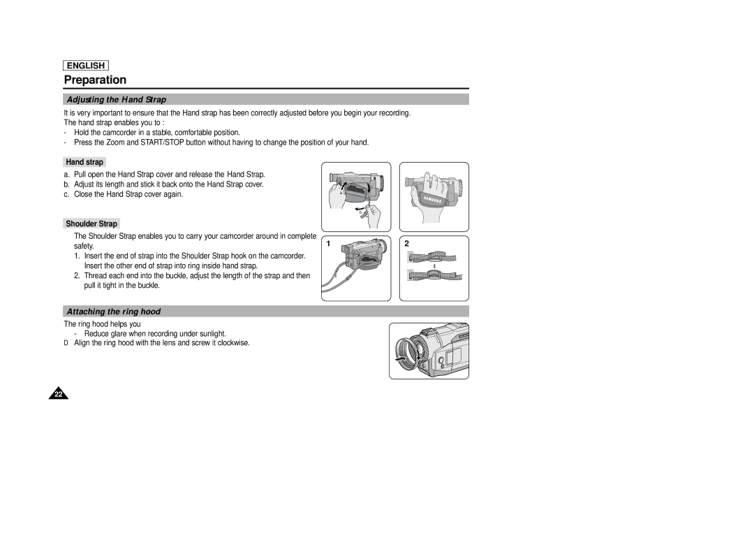 Samsung SCD86/D87 manual Adjusting the Hand Strap, Attaching the ring hood, Hand strap, Shoulder Strap, Safety 