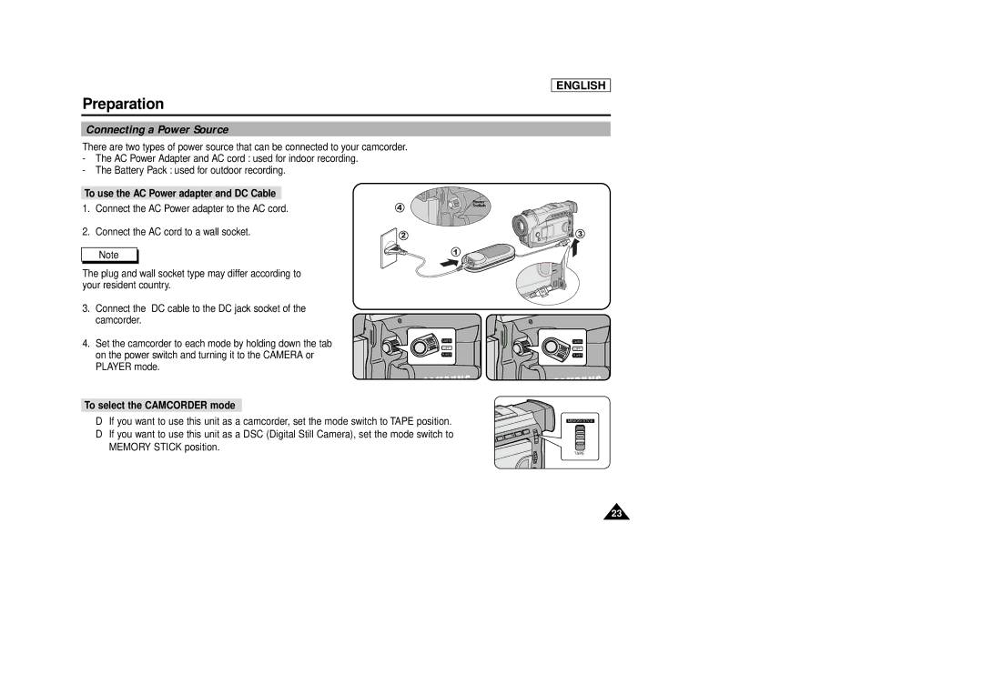 Samsung SCD86/D87 manual Connecting a Power Source, To use the AC Power adapter and DC Cable, To select the Camcorder mode 