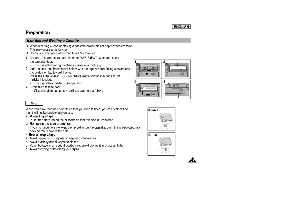 Samsung SCD86/D87 Inserting and Ejecting a Cassette, Protecting a tape, Removing the tape protection, How to keep a tape 