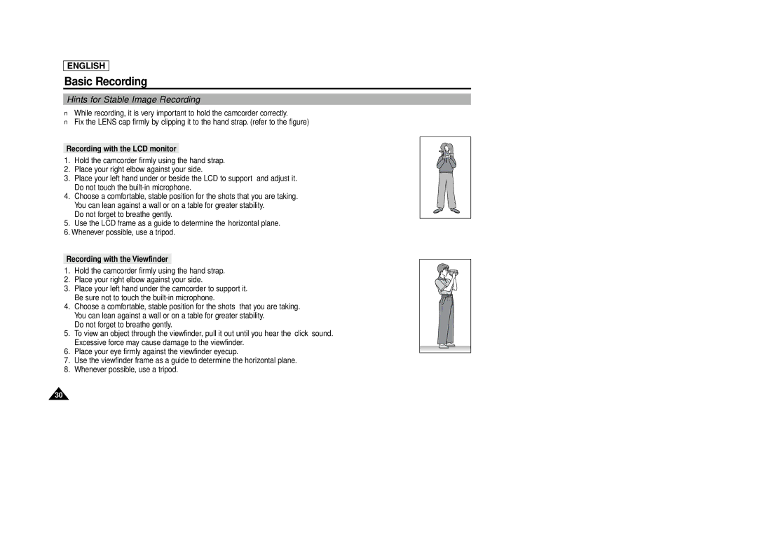 Samsung SCD86/D87 manual Hints for Stable Image Recording, Recording with the LCD monitor, Recording with the Viewfinder 