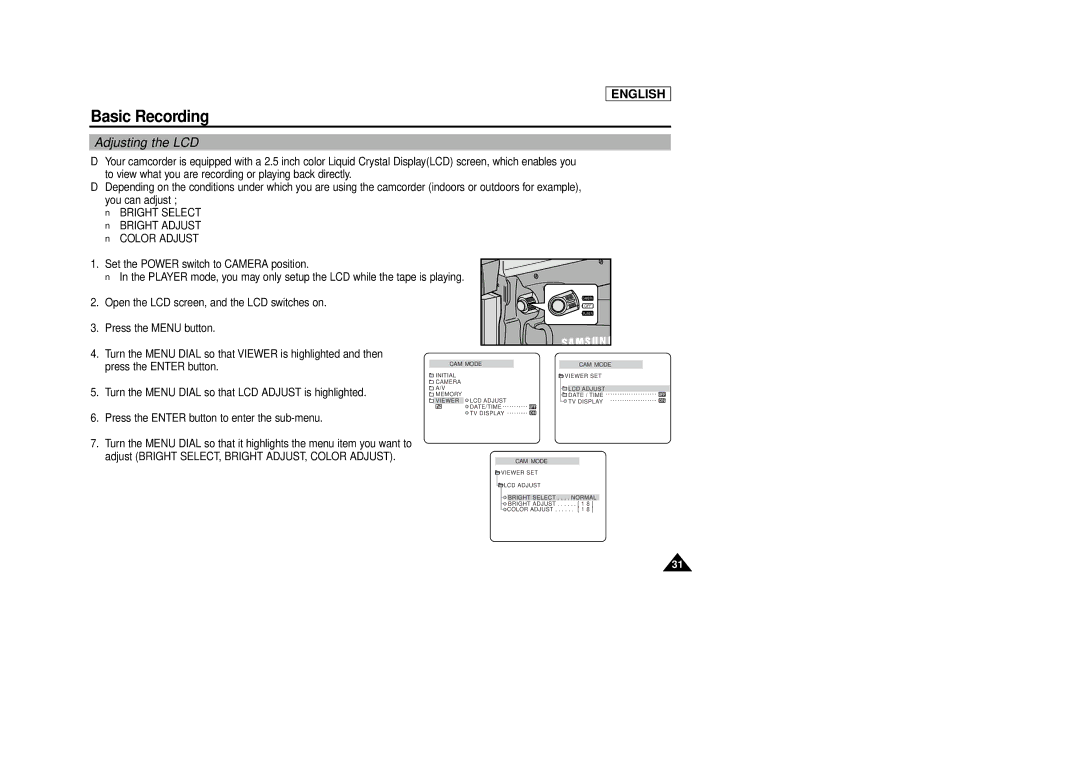 Samsung SCD86/D87 manual Adjusting the LCD, Bright Select Bright Adjust Color Adjust 